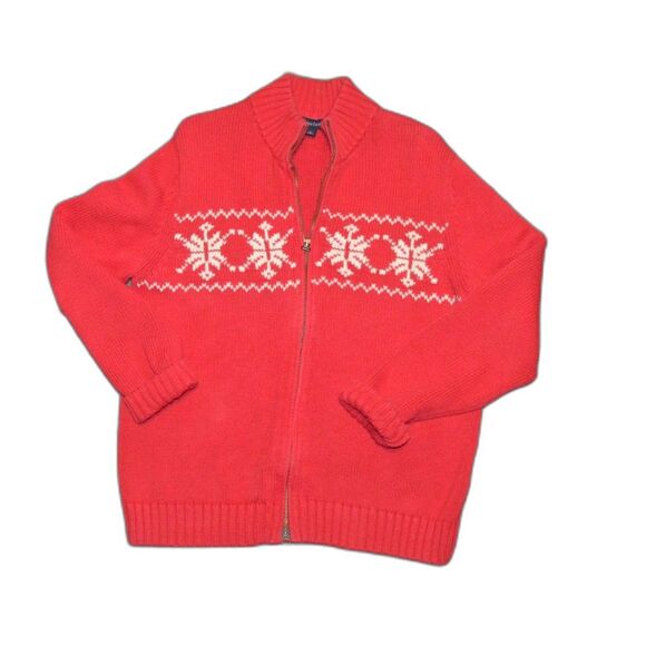 Vintage Lands' End Full Zip Wool Fair Isle Snowflake Christmas Cardigan Sweater - Picture 2 of 10